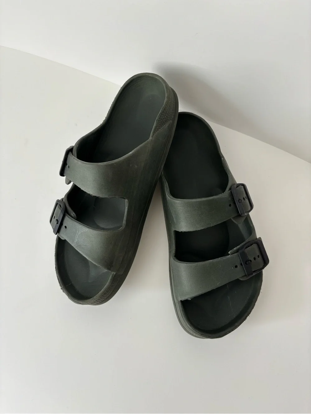 Dual-Buckle Slide Sandals in Olive Green